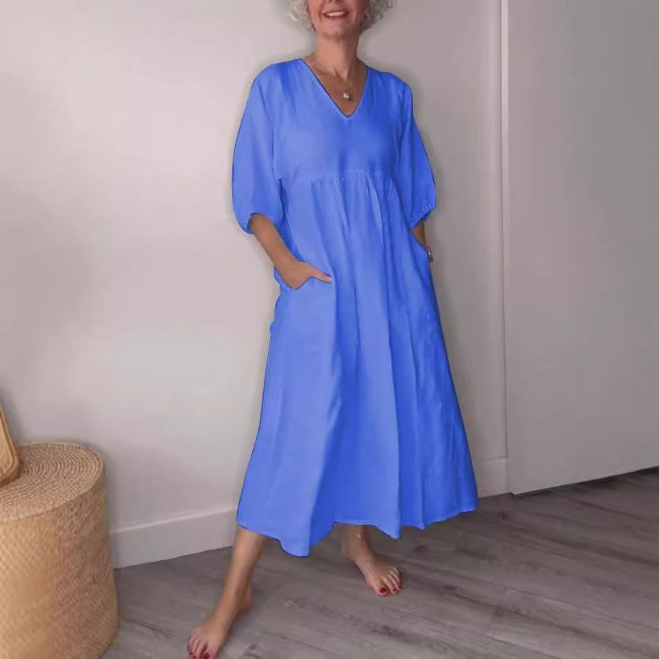 Damen Midikleid – Lockerer Schnitt – Baumwolle Leinen – V-Ausschnitt – Taschen – 3/4 Ärmel