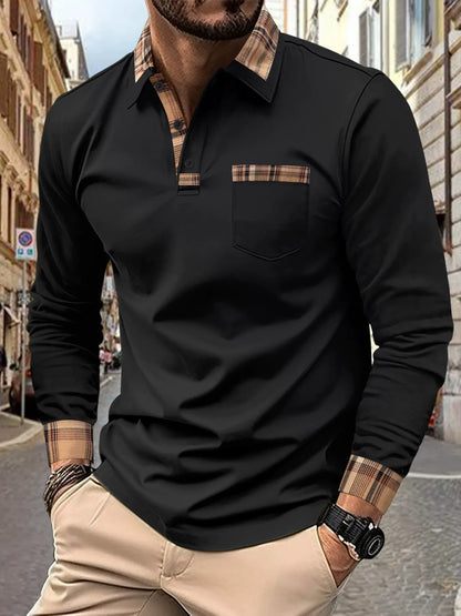 Herren Langarm Polo Shirt – Regular Fit – Baumwollmischung – Karobesatz mit Brusttasche