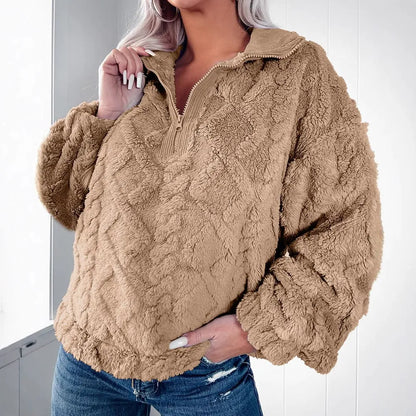 Damen Pullover Sweater – Kunstfell – Lockere Passform – Gesteppt – Halber Reißverschluss