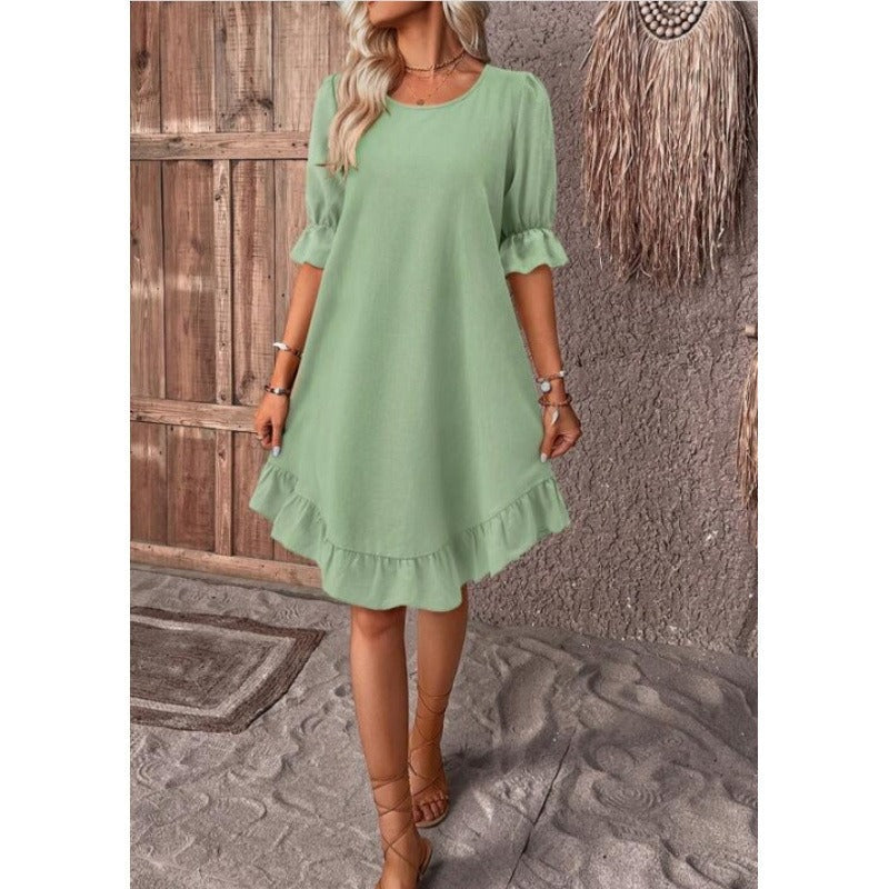 Damen A-Linienkleid – Baumwoll-Leinen – Rüschenbesatz – Mid Sleeve – Lockerer Schnitt