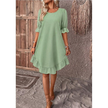 Damen A-Linienkleid – Baumwoll-Leinen – Rüschenbesatz – Mid Sleeve – Lockerer Schnitt