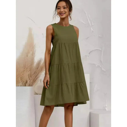 Damen Midikleid – Ärmellos – Lockerer Schnitt – Stufenrock – Baumwoll-Leinen Mix