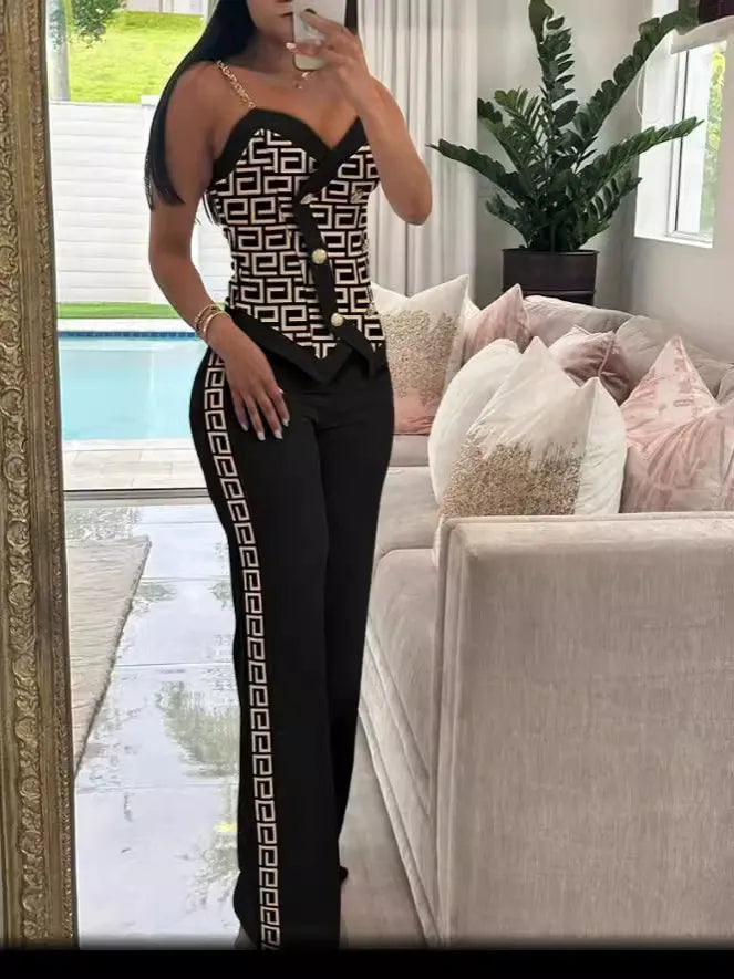 Damen Anzug mit Hosenträger – Taillierter Schnitt – Animal-Print – Langhose