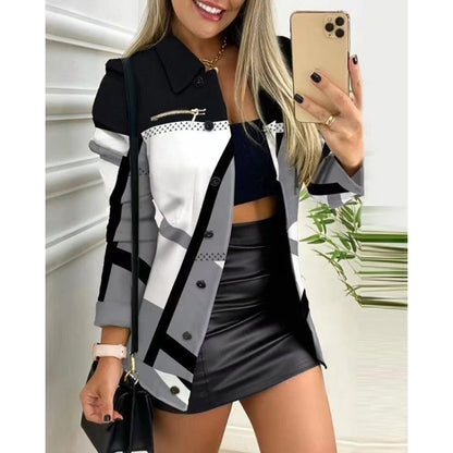 Damen Blazer – Slim Fit – Bedruckter Colorblock – Langarm – Tailliert mit Revers
