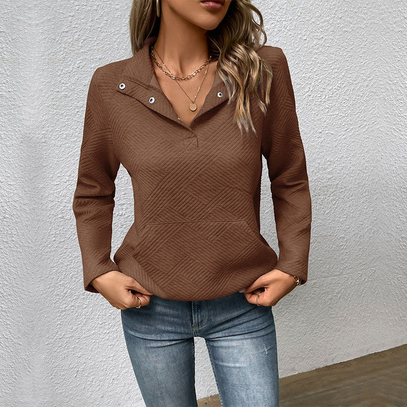 Damen Sweatshirt – Relaxed Fit – Gestepptes Muster – Stehkragen mit Knöpfen