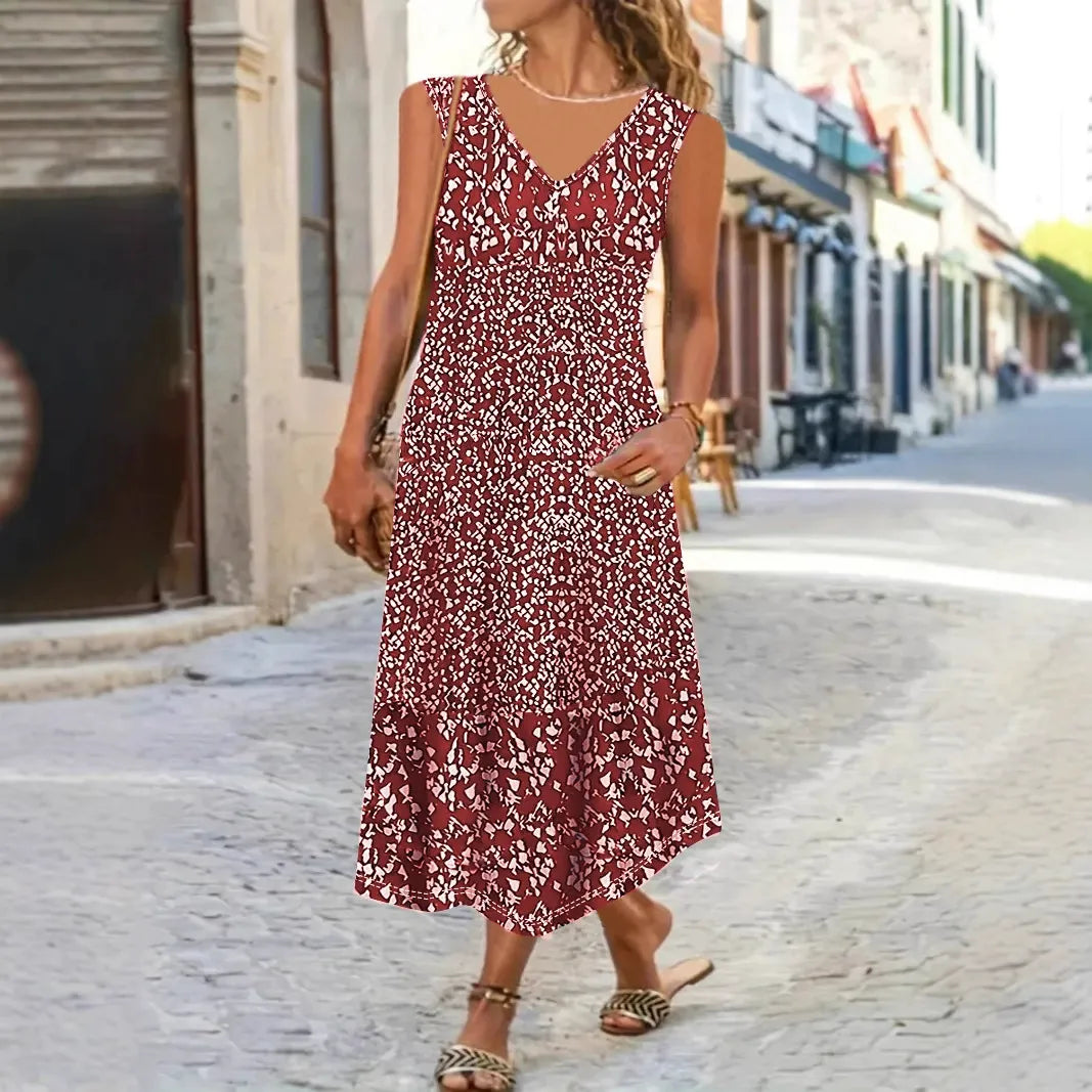 Damen Maxikleid – Lockerer Schnitt – V-Ausschnitt – Ärmellos – Blumenmuster – Leichtes Material