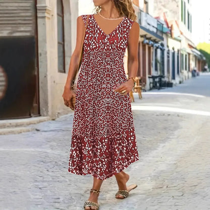 Damen Maxikleid – Lockerer Schnitt – V-Ausschnitt – Ärmellos – Blumenmuster – Leichtes Material