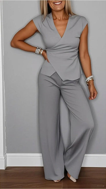 Damen Zweiteiler Set – Ärmelloses Wickeloberteil – Weite High-Waist Hose