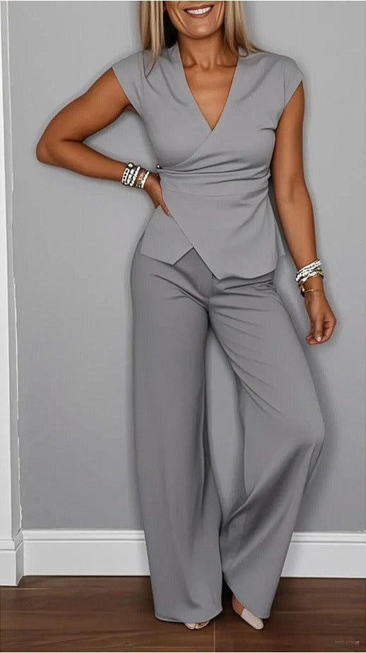 Damen Zweiteiler Set – Ärmelloses Wickeloberteil – Weite High-Waist Hose