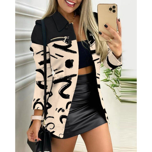 Damen Blazer – Slim Fit – Bedruckter Colorblock – Langarm – Tailliert mit Revers
