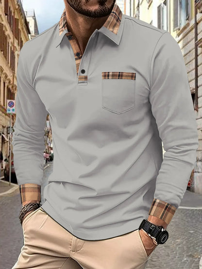 Herren Langarm Polo Shirt – Regular Fit – Baumwollmischung – Karobesatz mit Brusttasche