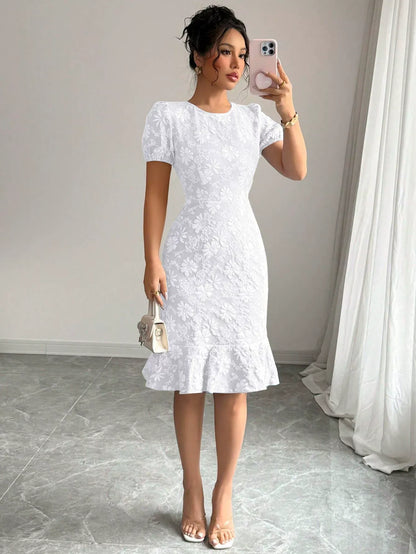 Damen Midi Kleid – Jacquardstruktur – Puffärmel – Tailliert – Rundhals Vintage Stil