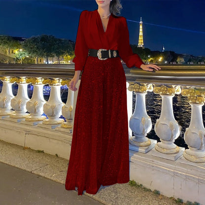 Damen Abendkleid – Taillierte Passform – V-Ausschnitt – Glänzender Maxirock