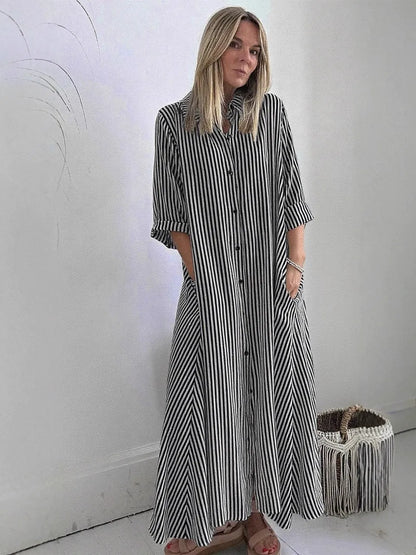 Damen Maxikleid – Lockere Passform – Streifenmuster – Knopfleiste – Baumwollmix