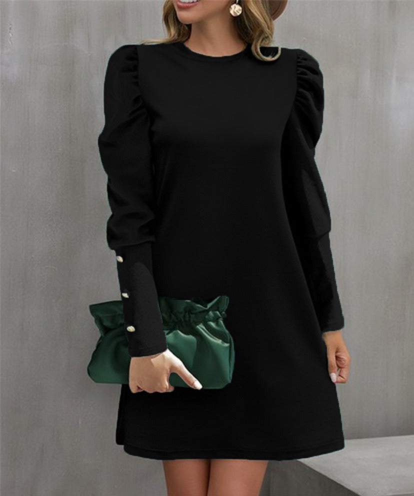Damen Minikleid – Relaxed Fit – Puffärmel – Knopfmanschetten – Rundhals