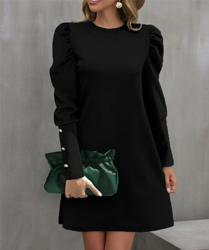 Damen Minikleid – Relaxed Fit – Puffärmel – Knopfmanschetten – Rundhals