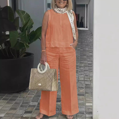 Damen Anzug Set ärmellos – Luftiger Schnitt – Linnen Baumwollmix – Weite Hose
