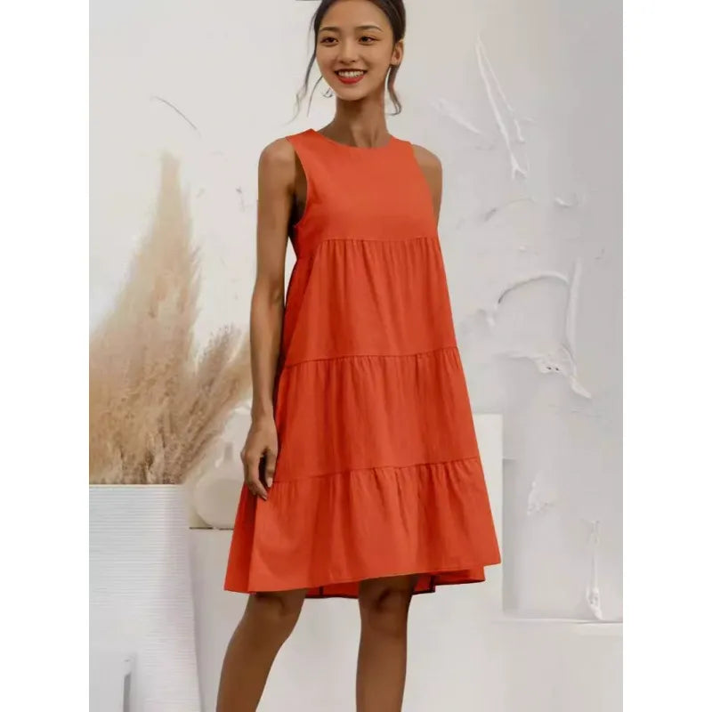 Damen Midikleid – Ärmellos – Lockerer Schnitt – Stufenrock – Baumwoll-Leinen Mix