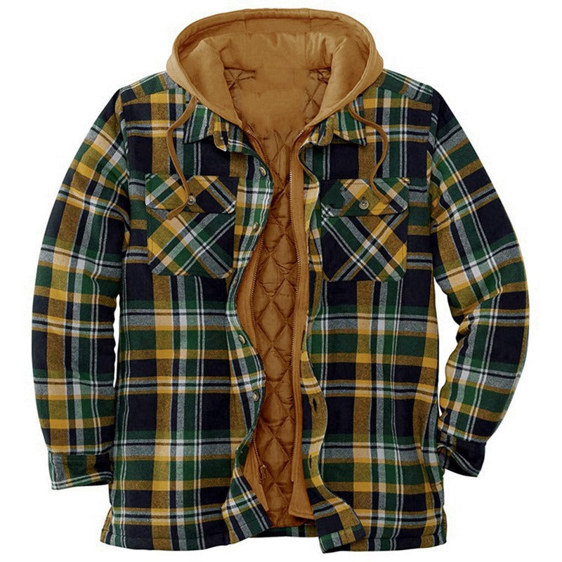 Herren Shirtjacke – Lockerer Schnitt – Flanell mit Steppfutter – Kapuze – Reißverschluss