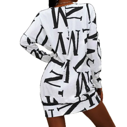 Damen Freizeitkleid – Relaxed Fit – Baumwollmix – Langarm – Mini – Letterprint