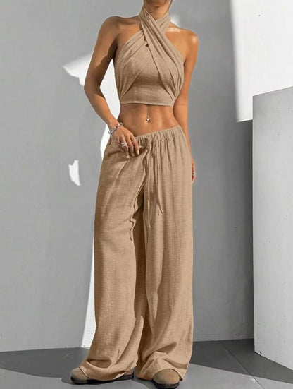 Damen Zweiteiler Set – Halterneck Wickel-Crop Top – Weite Hose – Atmungsaktive Baumwolle