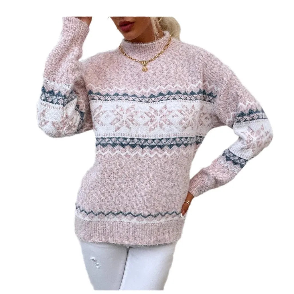 Damen Pullover – Wollstrick – Lockerer Schnitt – Schneeflockenmuster – Stehkragen
