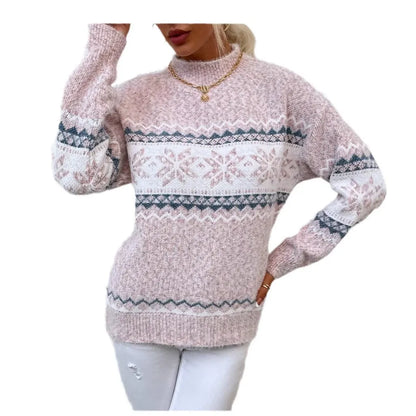 Damen Pullover – Wollstrick – Lockerer Schnitt – Schneeflockenmuster – Stehkragen