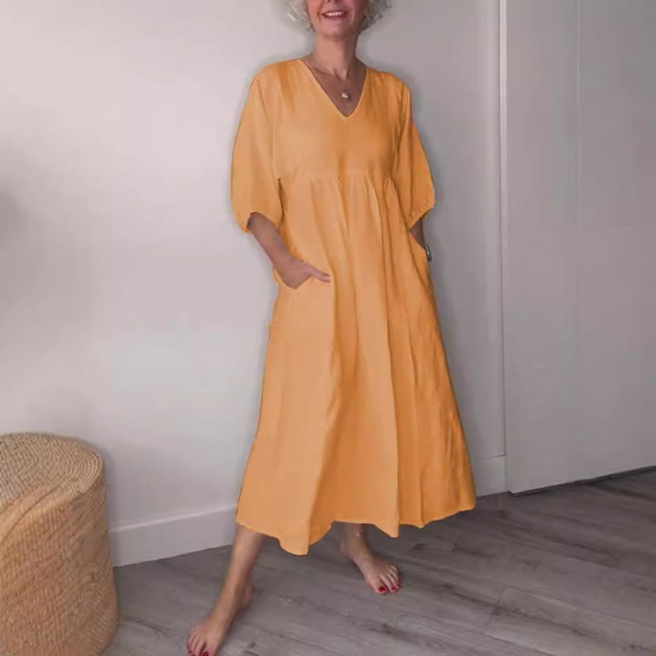 Damen Midikleid – Lockerer Schnitt – Baumwolle Leinen – V-Ausschnitt – Taschen – 3/4 Ärmel