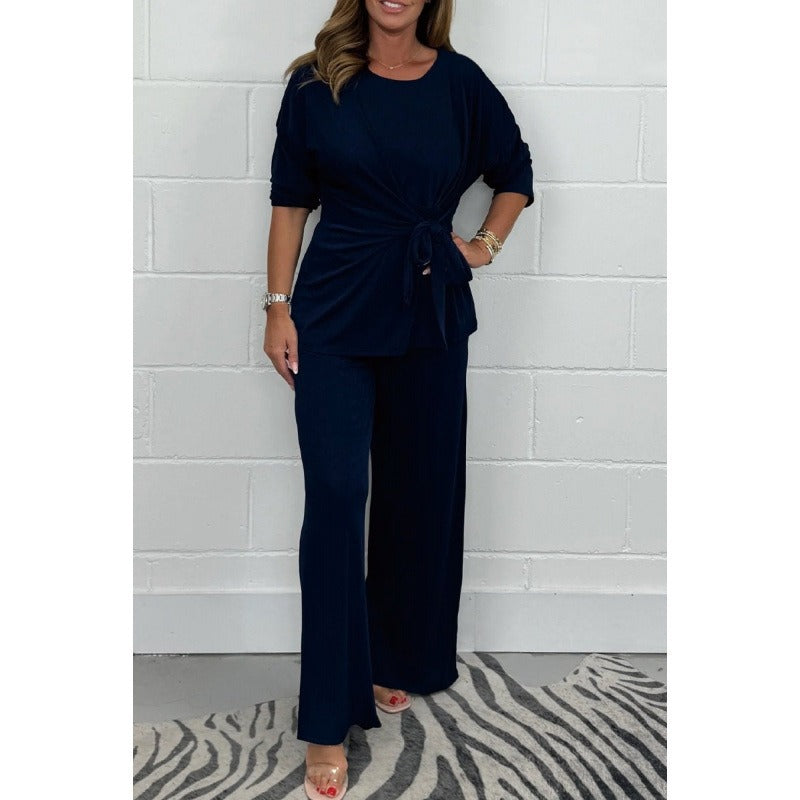 Damen Loungewear Set – Weiches Material – Langarmtop mit Bindegürtel – Weite Hose