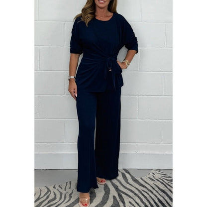 Damen Loungewear Set – Weiches Material – Langarmtop mit Bindegürtel – Weite Hose