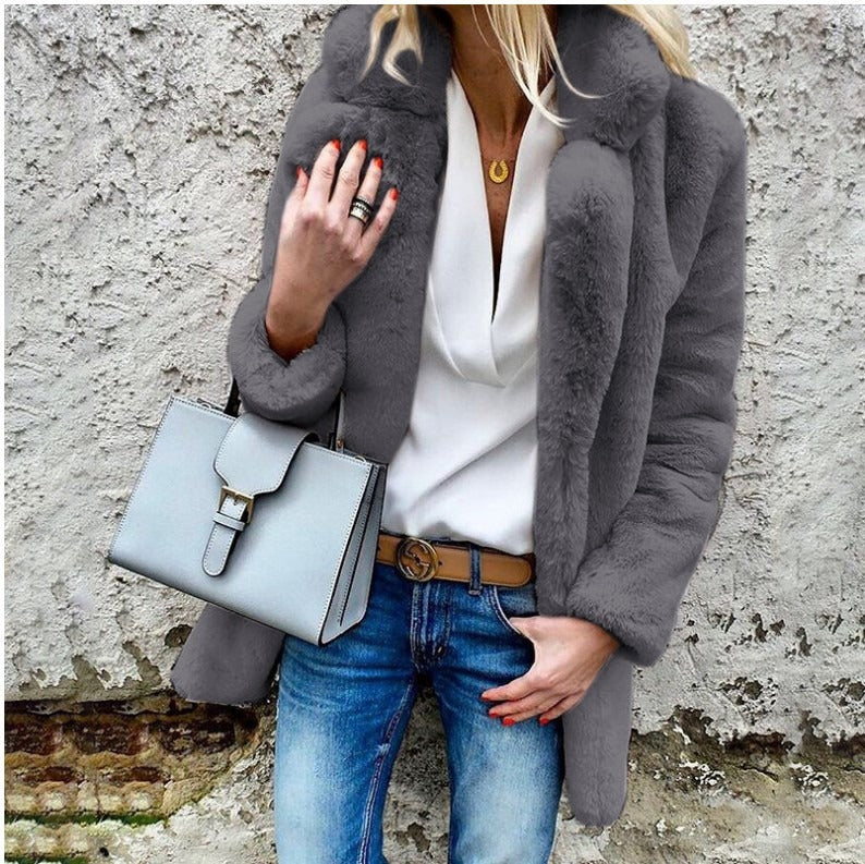 Damen Mantel – Kunstfell – Oversized Schnitt – Umlegekragen – Lang geschnitten