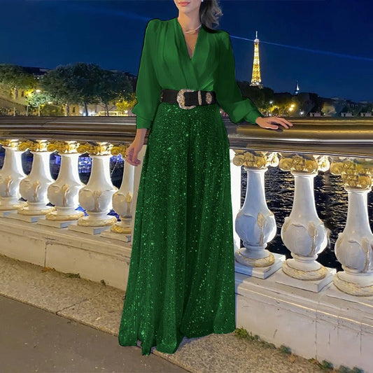 Damen Abendkleid – Taillierte Passform – V-Ausschnitt – Glänzender Maxirock