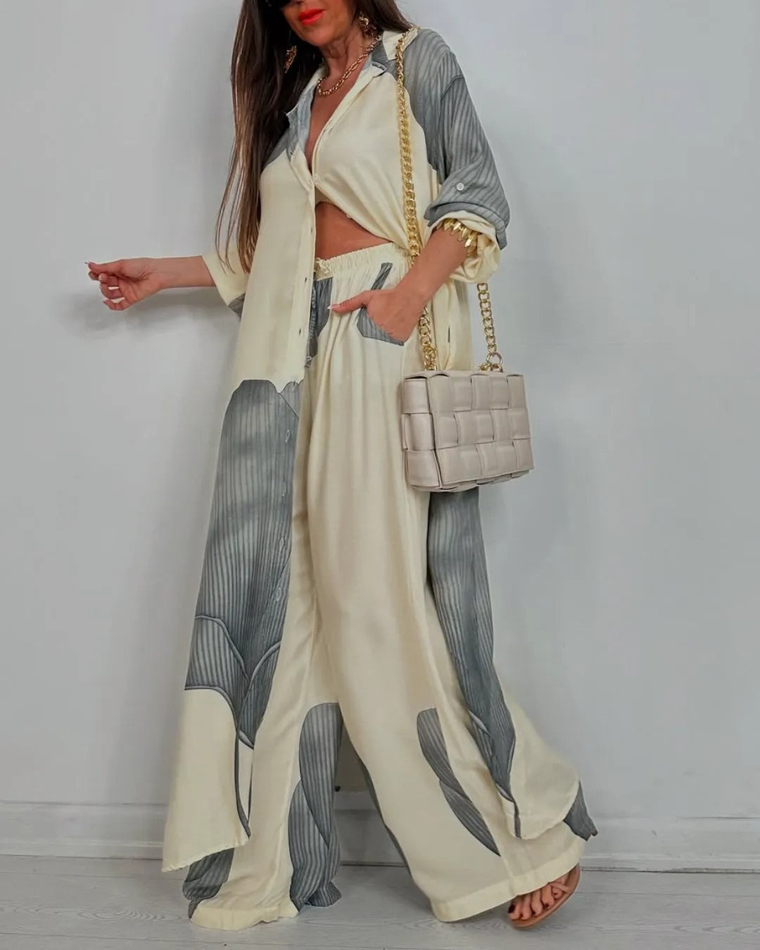 Damen Zweiteiler Set – Lockere Tunika mit Knopfleiste – Weite Hose – Atmungsaktiv