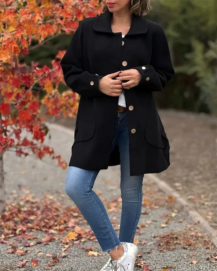 Damen Wollmantel – Oversize Passform – Knopfleiste – Mittellang – Reverskragen