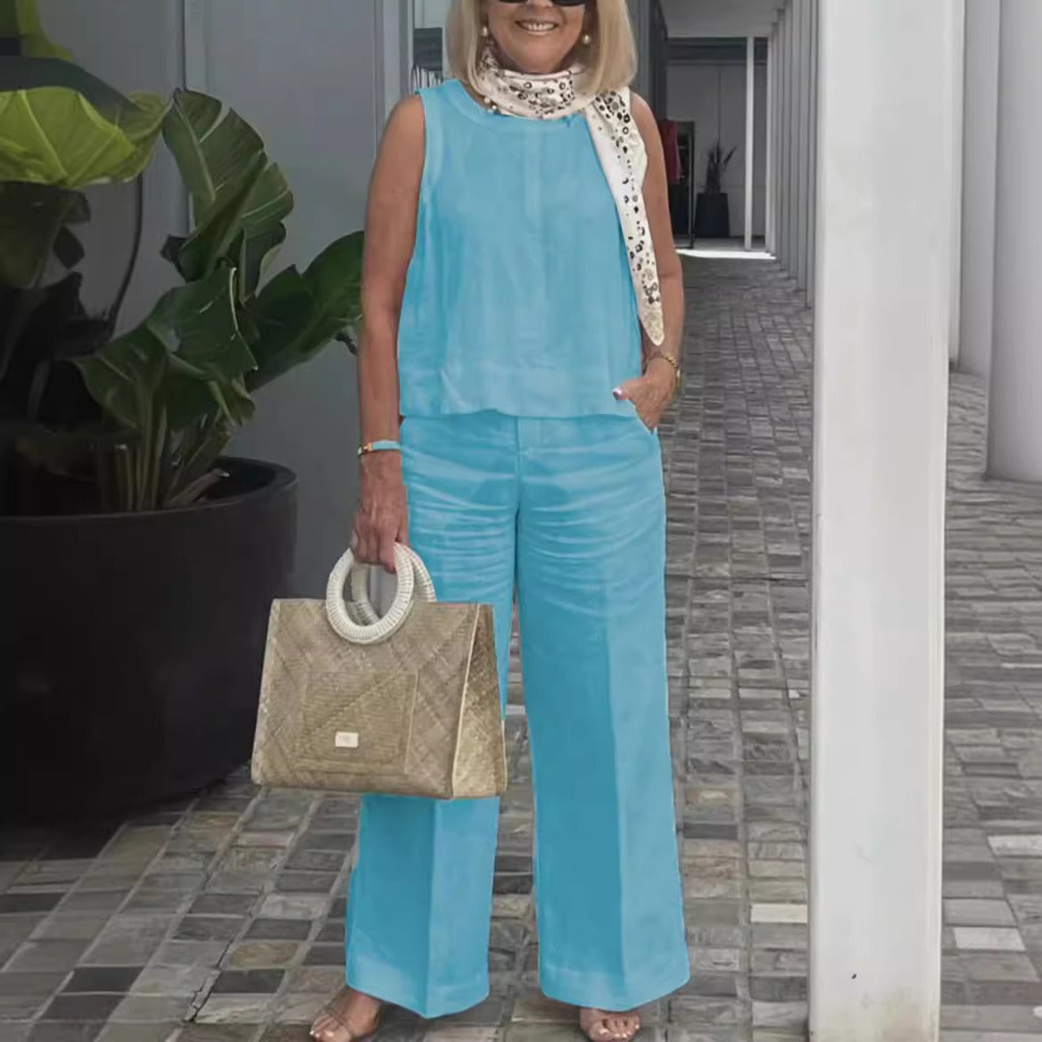 Damen Anzug Set ärmellos – Luftiger Schnitt – Linnen Baumwollmix – Weite Hose