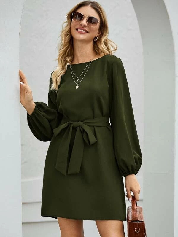 Damen Midikleid – Schlanke Passform – Puffärmel – Gürtel – Business Casual