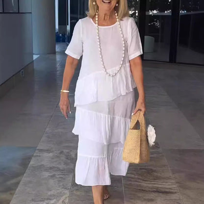 Damen Maxikleid – Lockerer Schnitt – Linnen Baumwolle – Stufiges Falten-Design