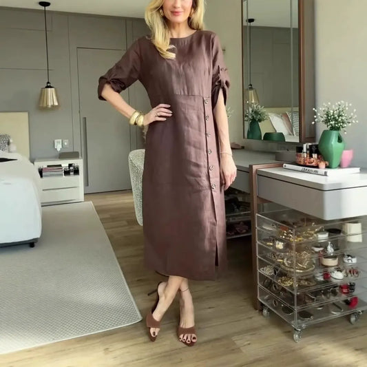 Damen Midikleid – Baumwoll Leinen – Lockerer Schnitt – Kurzarm – Knopfdetail
