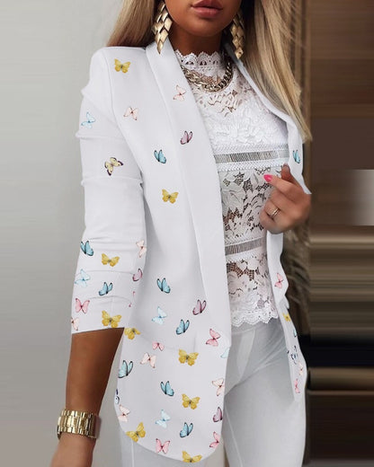 Damen Blazer – Slim Fit – Schmetterlingsmuster – Notch-Revers – Langarm – Tailliert