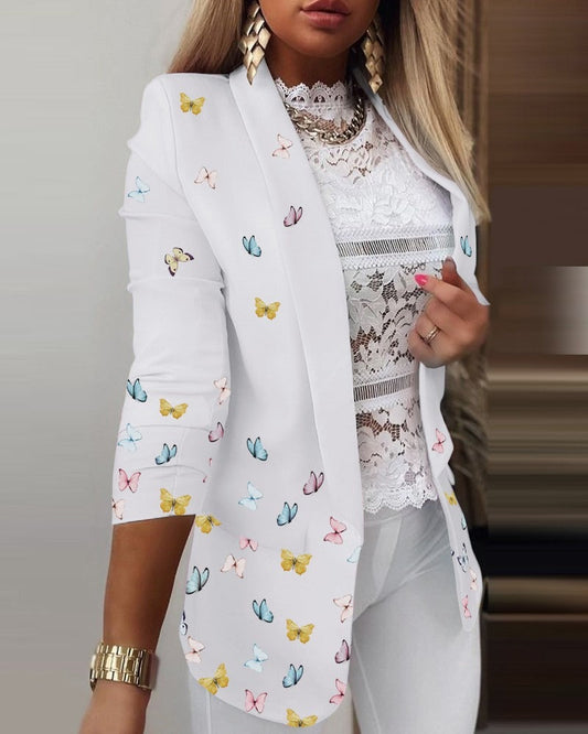 Damen Blazer – Slim Fit – Schmetterlingsmuster – Notch-Revers – Langarm – Tailliert