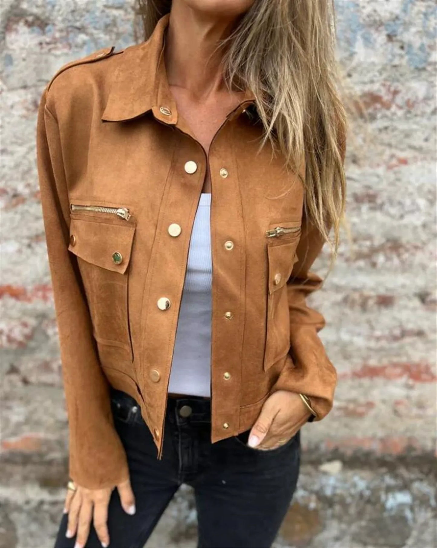 Damen Jacke – Strukturierte Passform – Velours-Optik – Zipper und Druckknöpfe