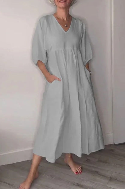 Damen Midikleid – Lockerer Schnitt – Baumwolle Leinen – V-Ausschnitt – Taschen – 3/4 Ärmel