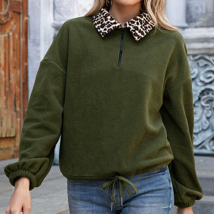 Damen Pullover Sweatshirt – Fleece – Relaxed Fit – Kunstpelzkragen – Reißverschluss