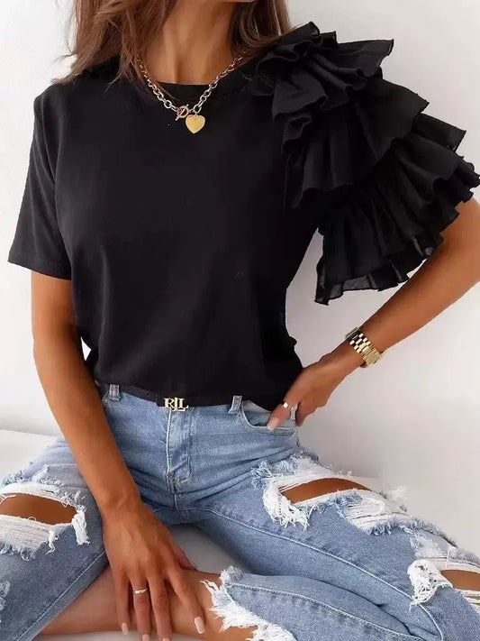 Damen T-Shirt – Baumwollmix – Lockerer Schnitt – Asymmetrischer Volantärmel