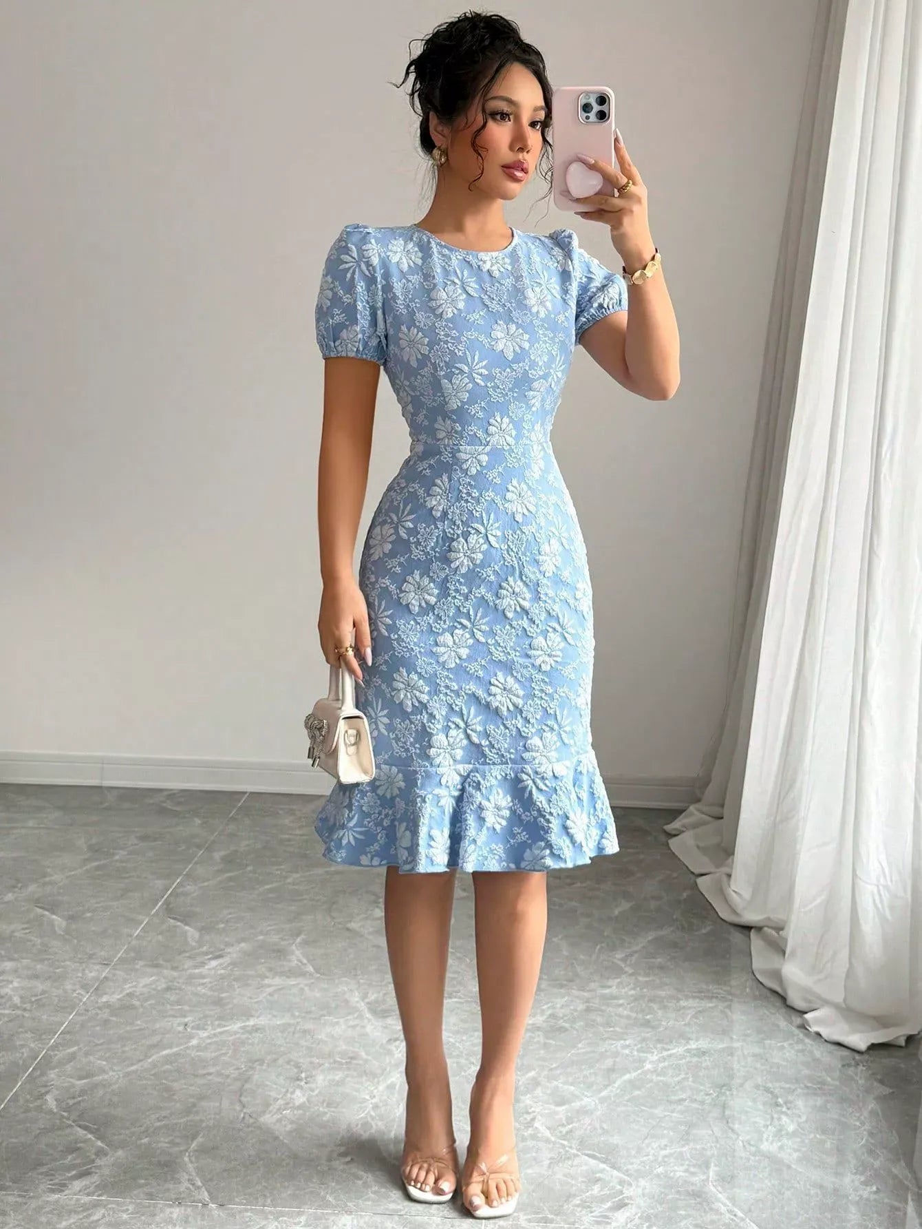 Damen Midi Kleid – Jacquardstruktur – Puffärmel – Tailliert – Rundhals Vintage Stil