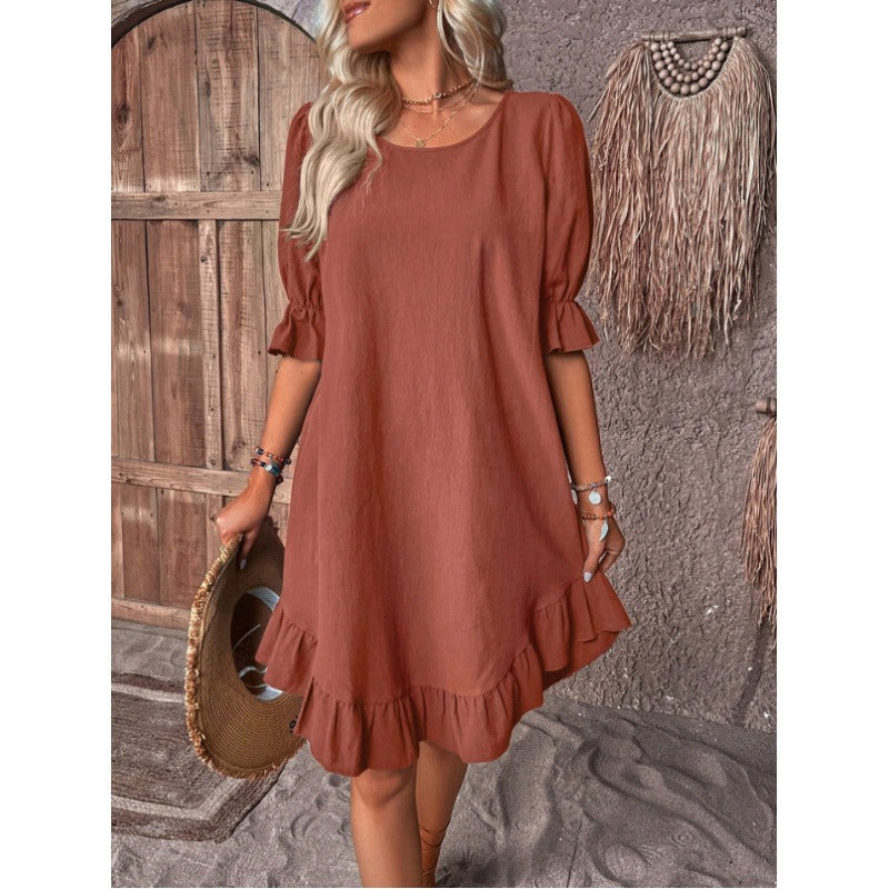 Damen A-Linienkleid – Baumwoll-Leinen – Rüschenbesatz – Mid Sleeve – Lockerer Schnitt