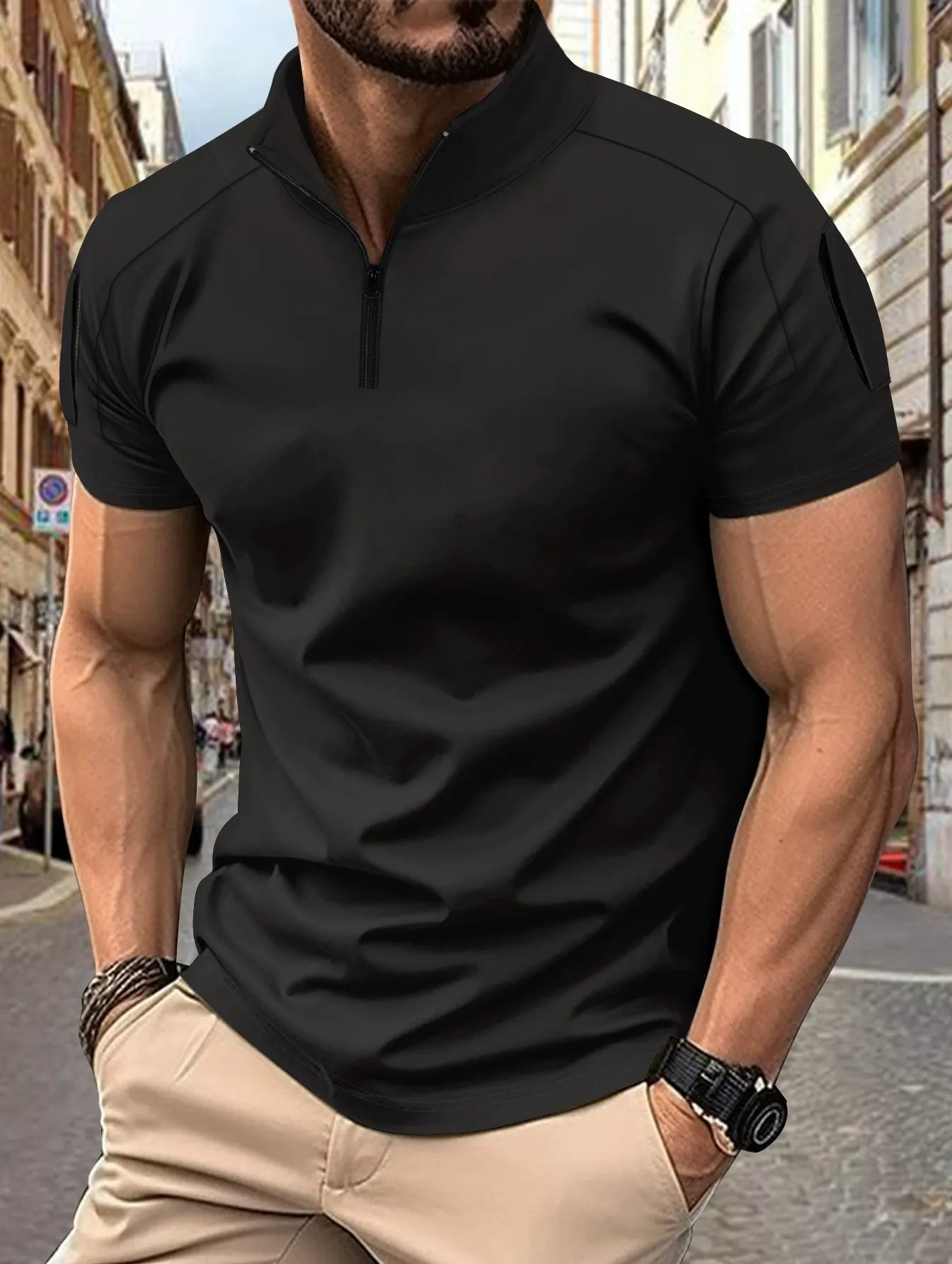 Herren Poloshirt – Slim Fit – Atmungsaktive Baumwollmischung – Zip-Kragen – Ärmeltaschen