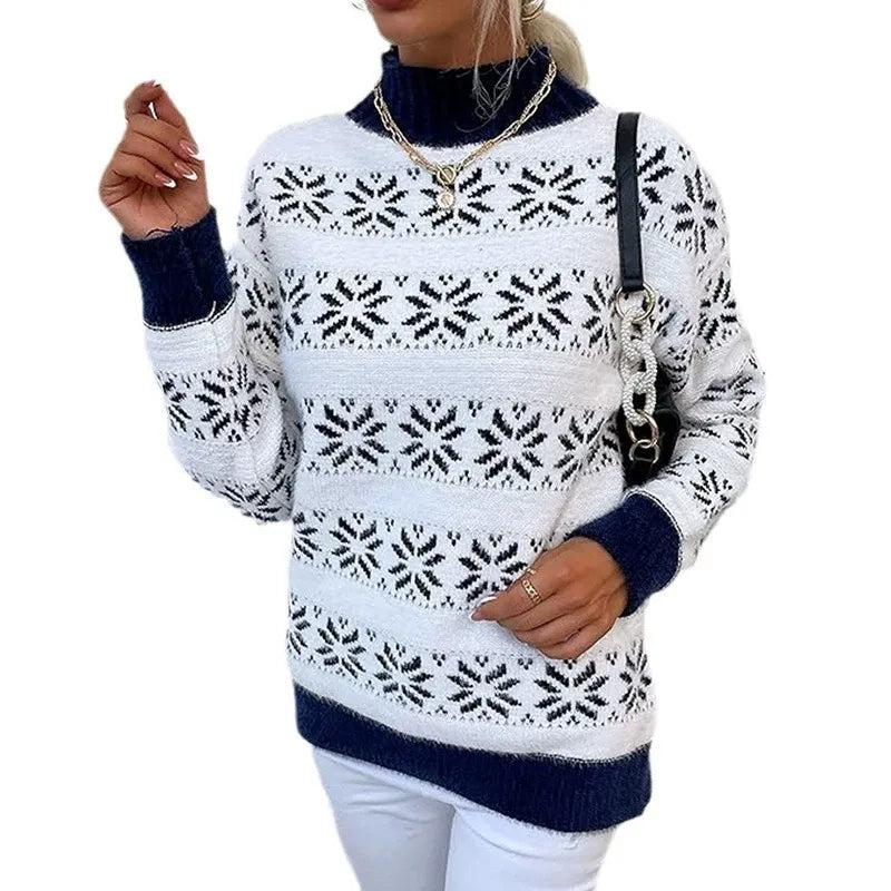 Damen Strickpullover – Wollmix – Lockerer Schnitt – Halber Rollkragen – Schneeflockenmuster