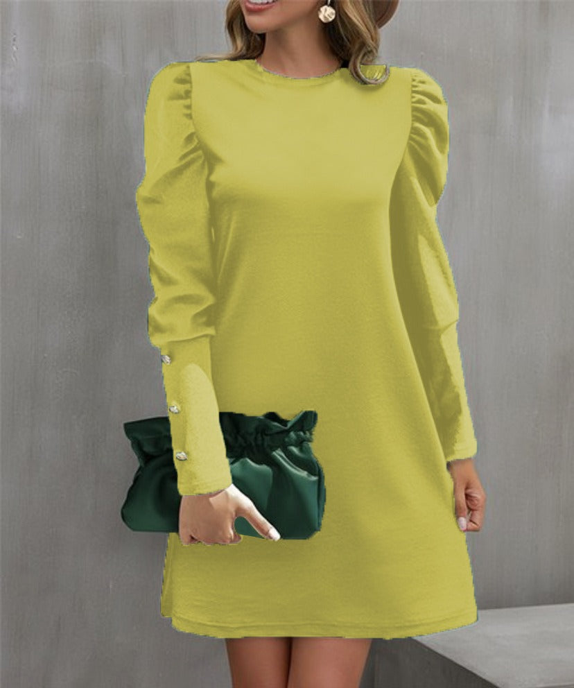 Damen Minikleid – Relaxed Fit – Puffärmel – Knopfmanschetten – Rundhals