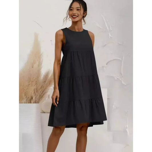 Damen Midikleid – Ärmellos – Lockerer Schnitt – Stufenrock – Baumwoll-Leinen Mix